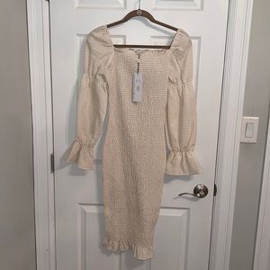 SNDYS. Cream plaid crinkle long puff sleeve, off the shoulder dress.